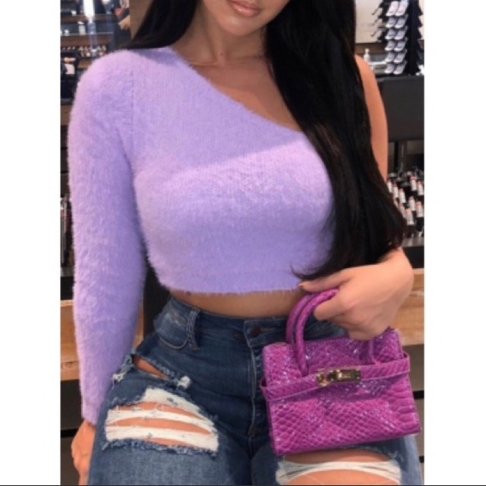 💋One Shoulder Skinny Crop Purple Sweater